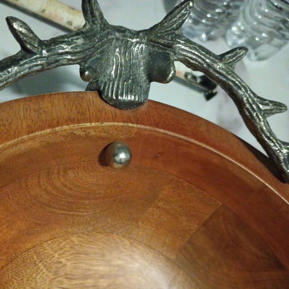 Rustic  Pewter Stag Head Handles Wooden Salad Bowl Western Hunting decor - Picture 7 of 15